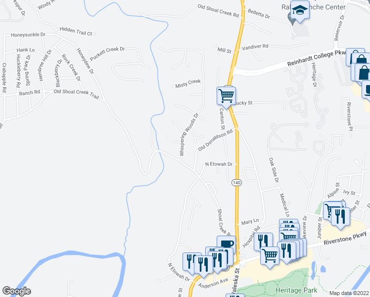 map of restaurants, bars, coffee shops, grocery stores, and more near 1000 Whispering Woods Drive in Canton