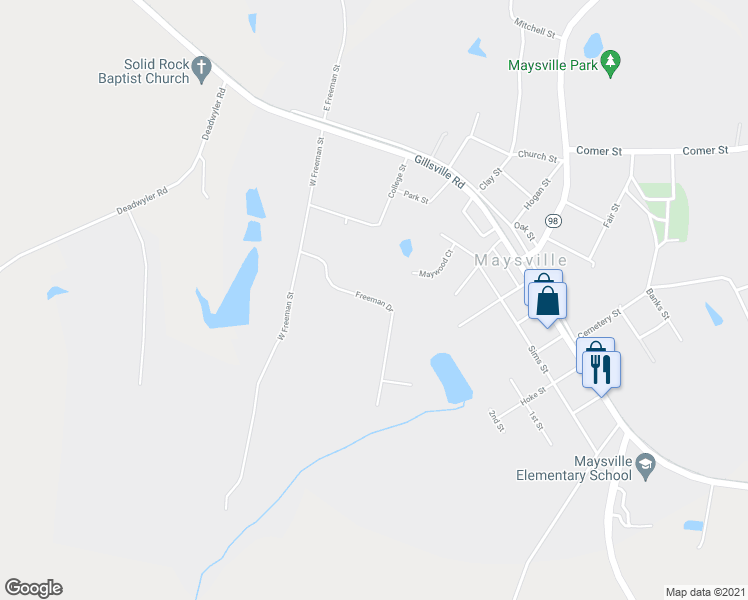 map of restaurants, bars, coffee shops, grocery stores, and more near 237 Freeman Drive in Maysville