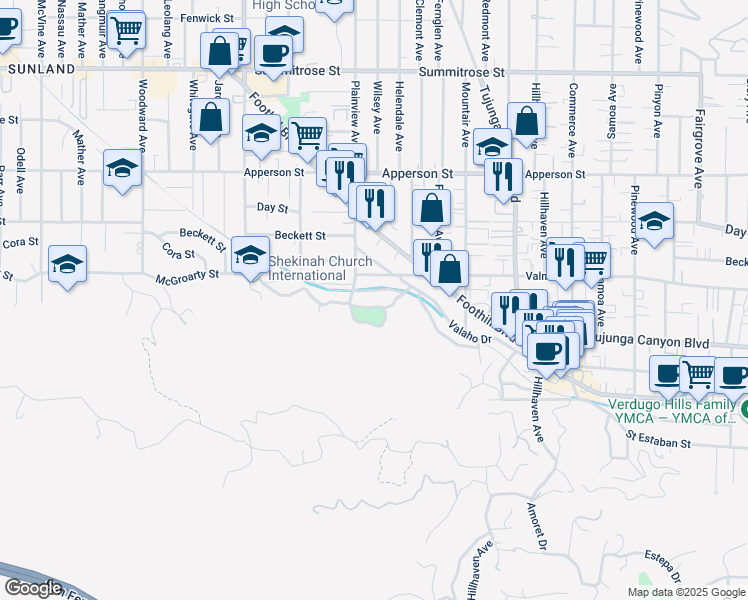 map of restaurants, bars, coffee shops, grocery stores, and more near 7553 McGroarty Street in Los Angeles