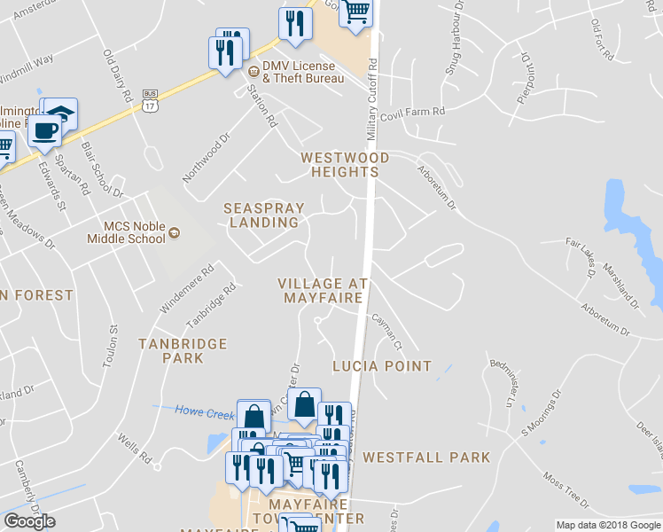 map of restaurants, bars, coffee shops, grocery stores, and more near 544 Grande Manor Court in Wilmington