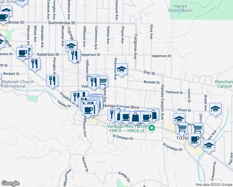 map of restaurants, bars, coffee shops, grocery stores, and more near 10038 Pinewood Avenue in Los Angeles