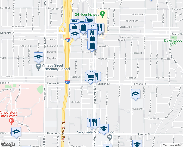 map of restaurants, bars, coffee shops, grocery stores, and more near 15429 Septo Street in Los Angeles