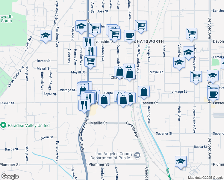 map of restaurants, bars, coffee shops, grocery stores, and more near 21700 Septo Street in Los Angeles
