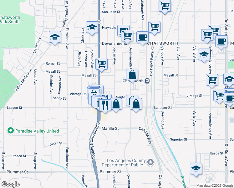map of restaurants, bars, coffee shops, grocery stores, and more near 9920 Jordan Avenue in Los Angeles