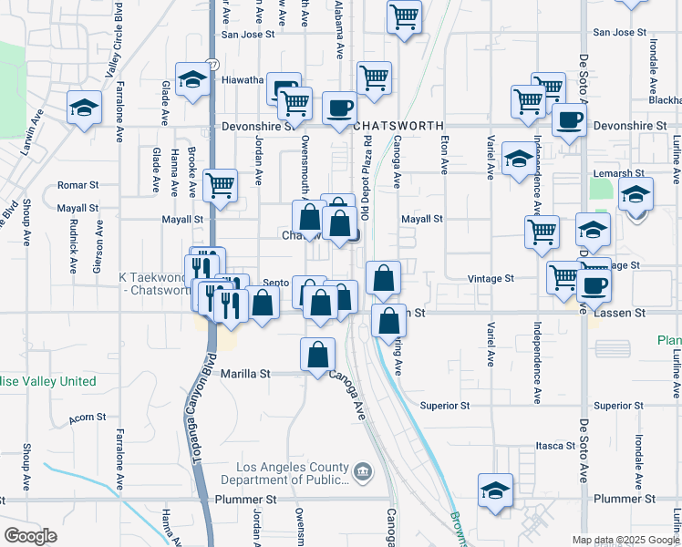 map of restaurants, bars, coffee shops, grocery stores, and more near 9940 North Remmet Avenue in Los Angeles