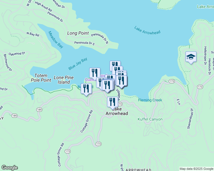 map of restaurants, bars, coffee shops, grocery stores, and more near 28050 California 189 in Lake Arrowhead