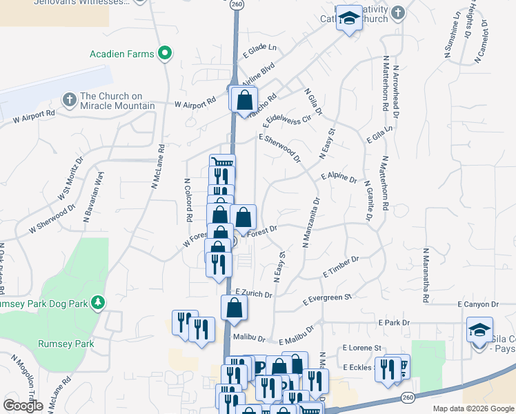 map of restaurants, bars, coffee shops, grocery stores, and more near 806 North Easy Street in Payson