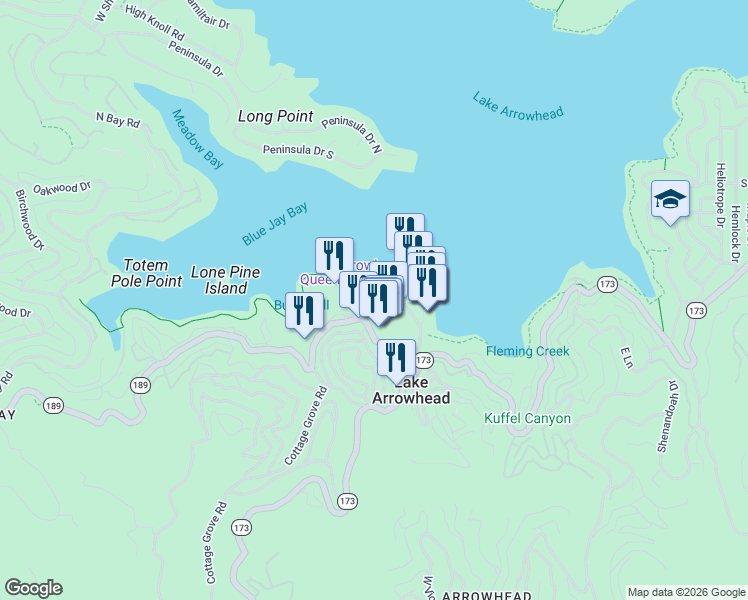 map of restaurants, bars, coffee shops, grocery stores, and more near 28200 California 189 in Lake Arrowhead