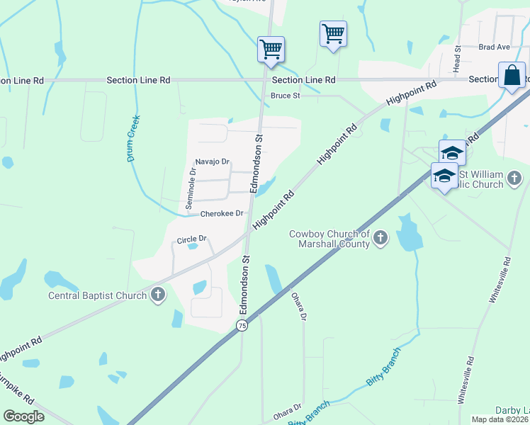 map of restaurants, bars, coffee shops, grocery stores, and more near 1507 Highpoint Road in Albertville