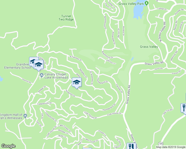 map of restaurants, bars, coffee shops, grocery stores, and more near 111 Saint Andrews Drive in Lake Arrowhead
