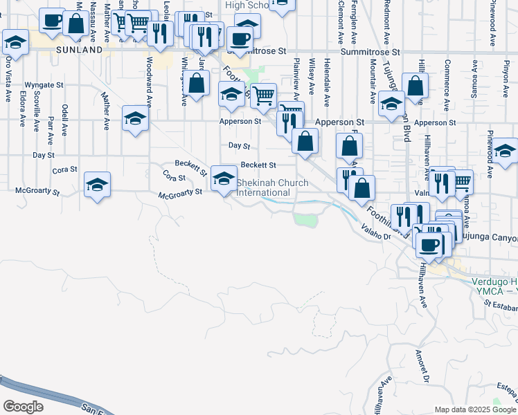 map of restaurants, bars, coffee shops, grocery stores, and more near 7700 McGroarty Street in Los Angeles