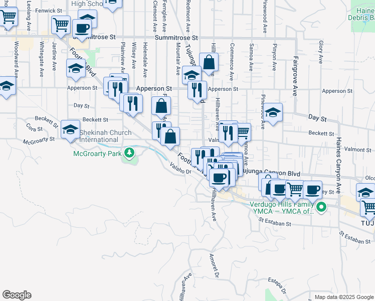 map of restaurants, bars, coffee shops, grocery stores, and more near 10050 Mountair Avenue in Los Angeles