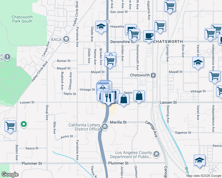 map of restaurants, bars, coffee shops, grocery stores, and more near 9950 Topanga Canyon Boulevard in Los Angeles