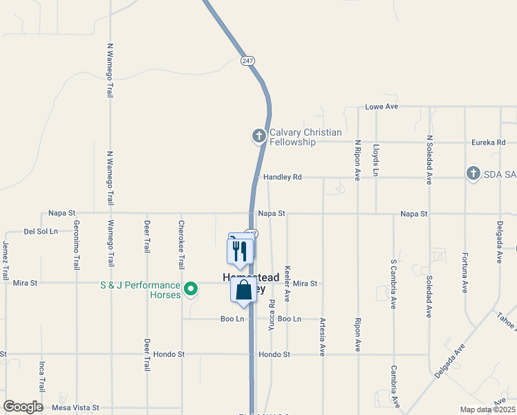 map of restaurants, bars, coffee shops, grocery stores, and more near 121 Old Woman Springs Road in Yucca Valley