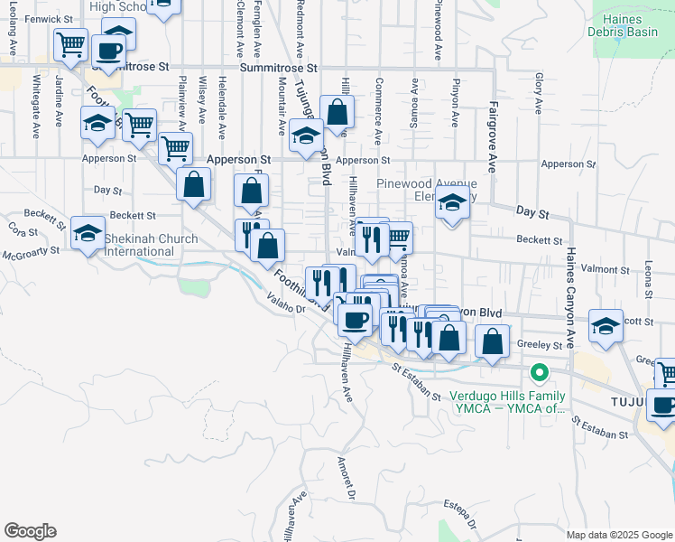 map of restaurants, bars, coffee shops, grocery stores, and more near 10204 Tujunga Canyon Boulevard in Los Angeles