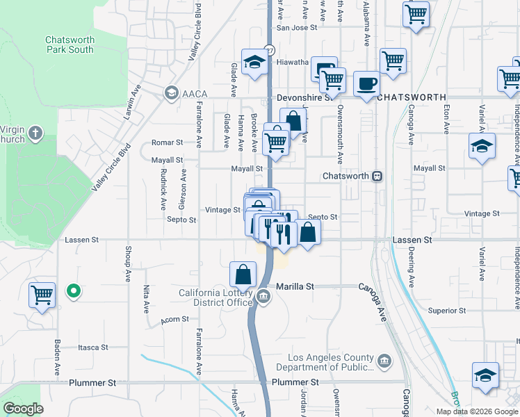 map of restaurants, bars, coffee shops, grocery stores, and more near 10005 Topanga Canyon Boulevard in Los Angeles