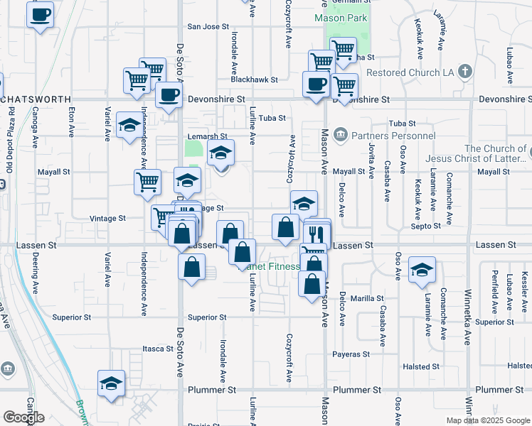 map of restaurants, bars, coffee shops, grocery stores, and more near 20656 Septo Street in Los Angeles