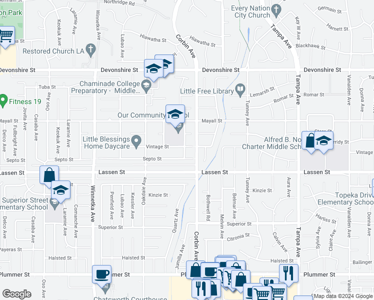 map of restaurants, bars, coffee shops, grocery stores, and more near 19720 Vintage Street in Los Angeles