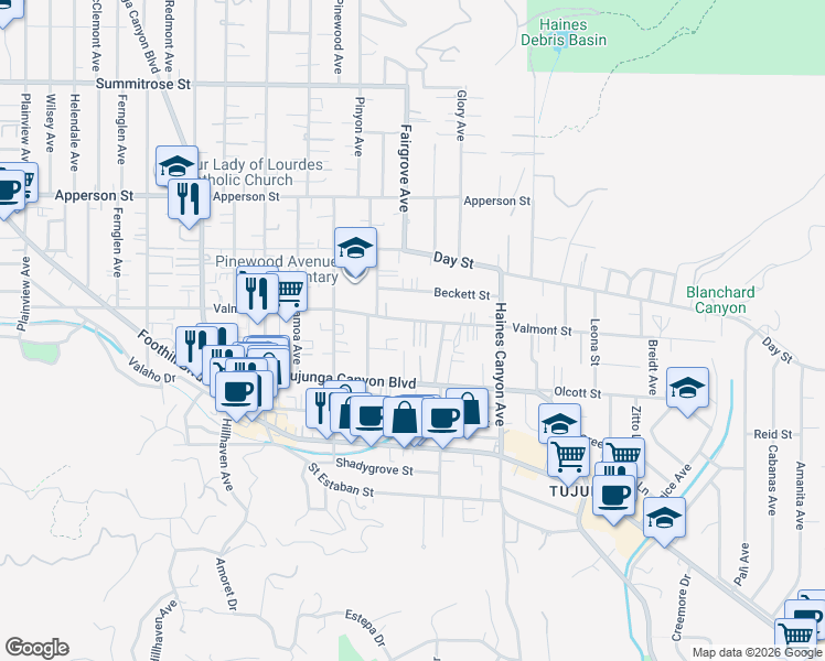 map of restaurants, bars, coffee shops, grocery stores, and more near 10040 Tujunga Canyon Boulevard in Los Angeles