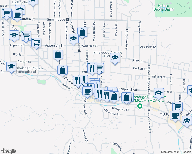 map of restaurants, bars, coffee shops, grocery stores, and more near 10026 Commerce Avenue in Los Angeles