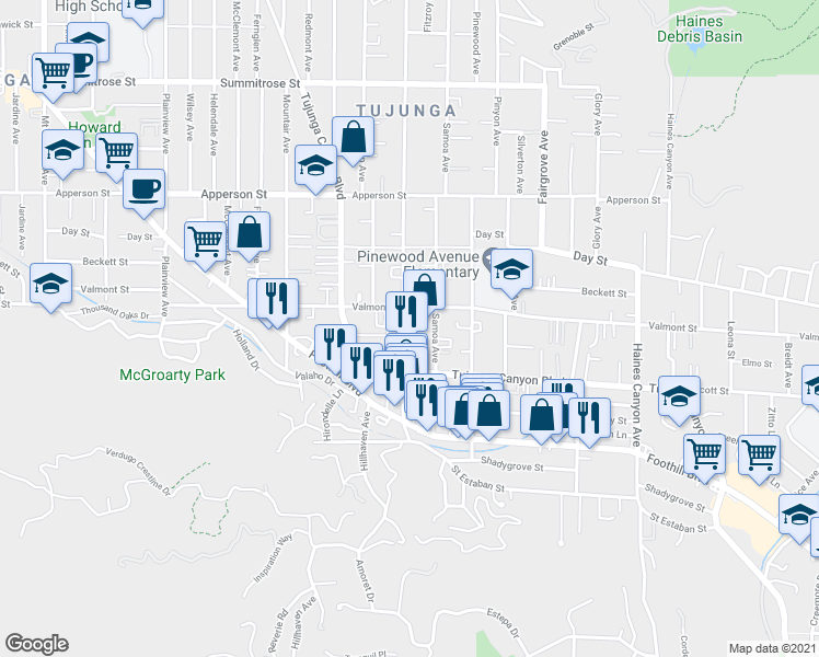 map of restaurants, bars, coffee shops, grocery stores, and more near 10026 Commerce Avenue in Los Angeles