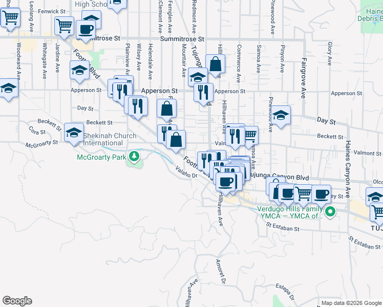 map of restaurants, bars, coffee shops, grocery stores, and more near 7370 Foothill Boulevard in Los Angeles