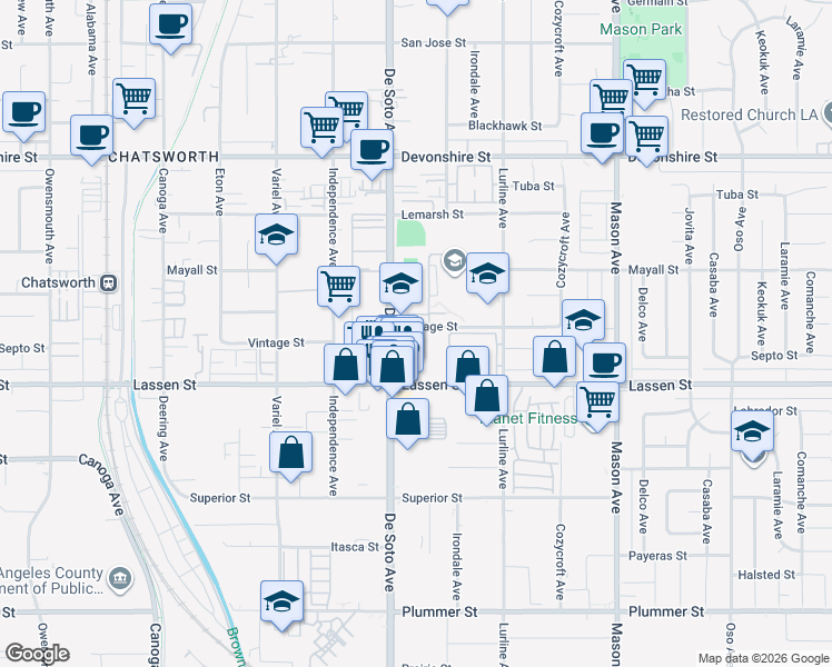 map of restaurants, bars, coffee shops, grocery stores, and more near 20800 Vintage Street in Los Angeles