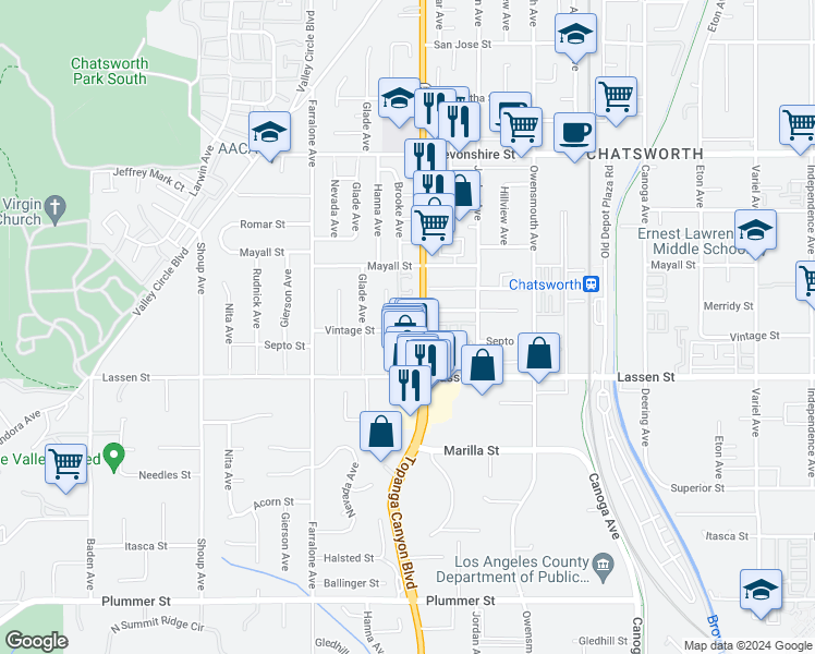 map of restaurants, bars, coffee shops, grocery stores, and more near 9939 California 27 in Los Angeles