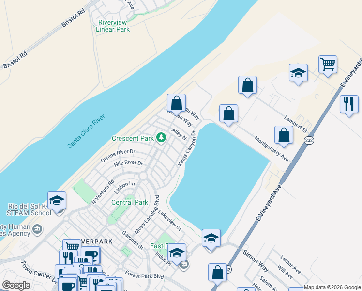 map of restaurants, bars, coffee shops, grocery stores, and more near 3511 Kings Canyon Drive in Oxnard