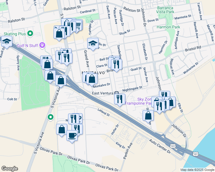 map of restaurants, bars, coffee shops, grocery stores, and more near 2591 Katherine Avenue in Ventura