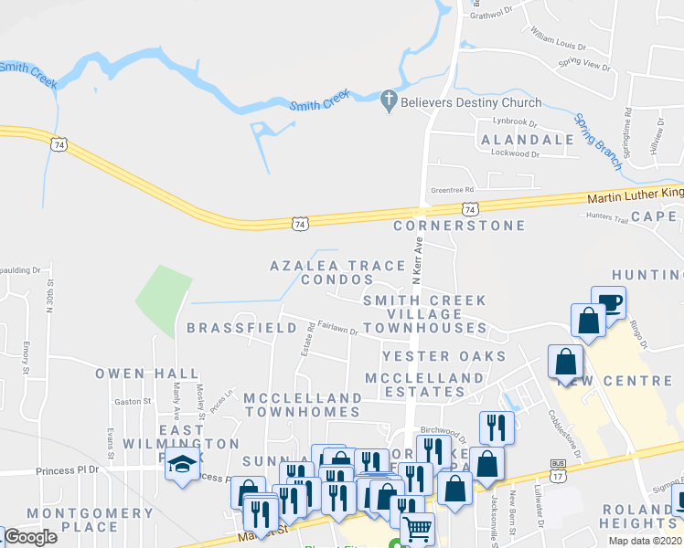 map of restaurants, bars, coffee shops, grocery stores, and more near 701 Indica Court in Wilmington