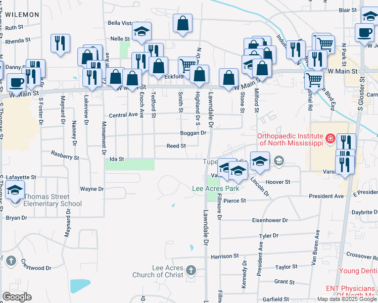 map of restaurants, bars, coffee shops, grocery stores, and more near 1401-1523 Ida Street in Tupelo