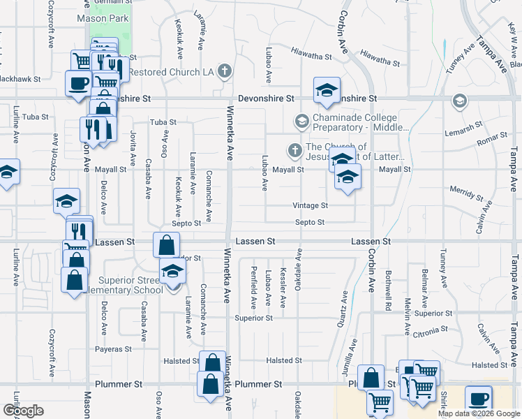 map of restaurants, bars, coffee shops, grocery stores, and more near 20000 Vintage Street in Los Angeles
