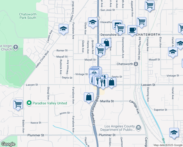 map of restaurants, bars, coffee shops, grocery stores, and more near 10000 Hanna Avenue in Los Angeles