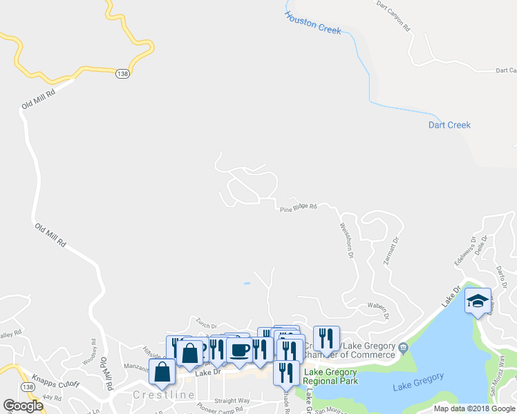 map of restaurants, bars, coffee shops, grocery stores, and more near 116 Pine Ridge Road in Crestline