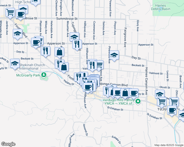 map of restaurants, bars, coffee shops, grocery stores, and more near 10051 Commerce Avenue in Los Angeles