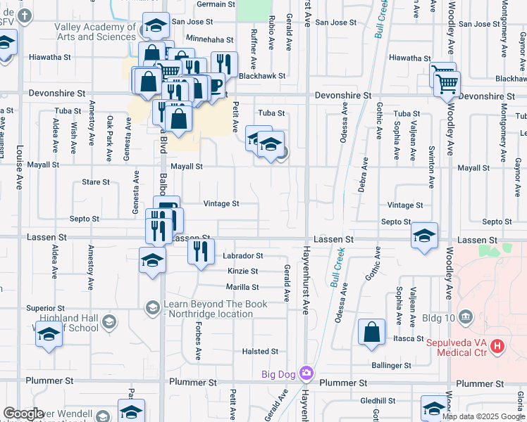 map of restaurants, bars, coffee shops, grocery stores, and more near 9946 Ruffner Avenue in Los Angeles