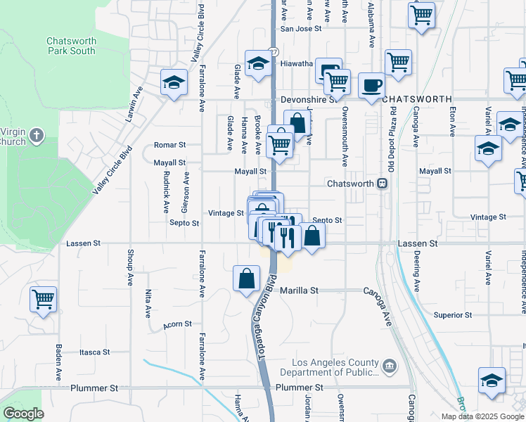 map of restaurants, bars, coffee shops, grocery stores, and more near 10005 Topanga Canyon Boulevard in Los Angeles