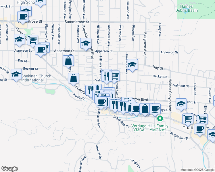 map of restaurants, bars, coffee shops, grocery stores, and more near 10051 Commerce Avenue in Los Angeles