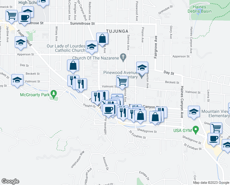 map of restaurants, bars, coffee shops, grocery stores, and more near 10051 Commerce Avenue in Los Angeles
