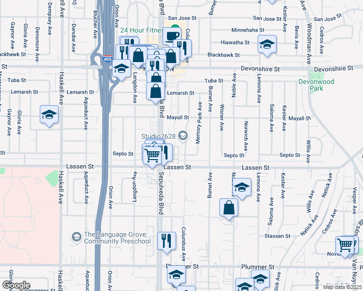 map of restaurants, bars, coffee shops, grocery stores, and more near 9944 Sepulveda Boulevard in Los Angeles