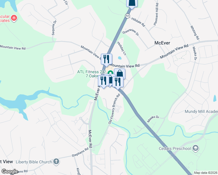 map of restaurants, bars, coffee shops, grocery stores, and more near 4327 Mundy Mill Road in Oakwood