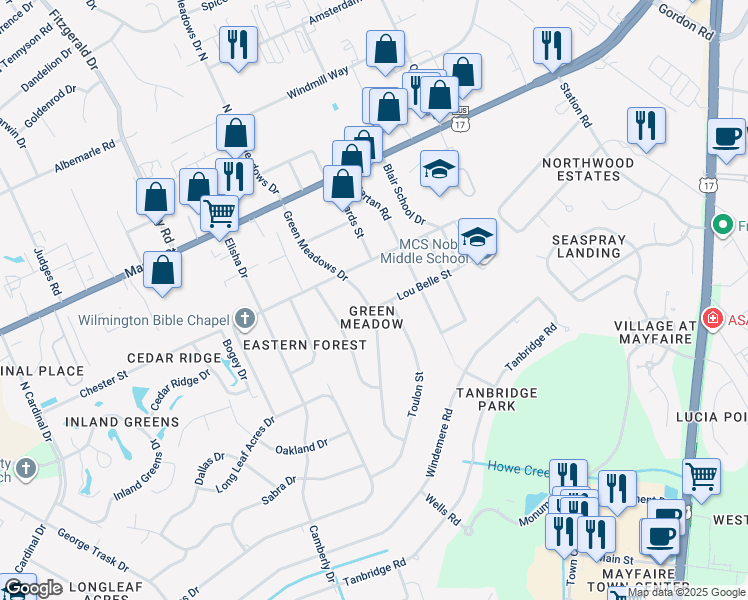 map of restaurants, bars, coffee shops, grocery stores, and more near 213 Green Meadows Drive in Wilmington
