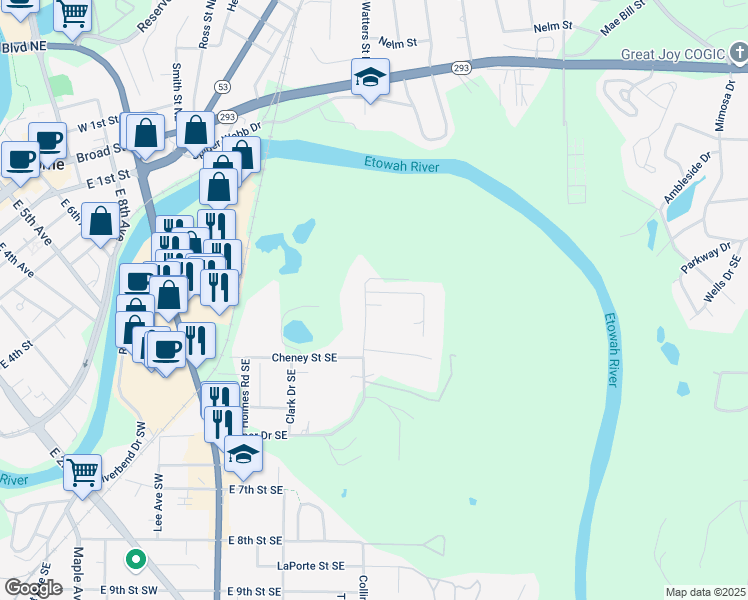 map of restaurants, bars, coffee shops, grocery stores, and more near 531 Cooper Drive Southeast in Rome