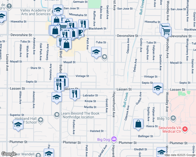 map of restaurants, bars, coffee shops, grocery stores, and more near 9946 Ruffner Avenue in Los Angeles