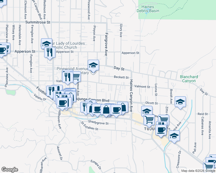 map of restaurants, bars, coffee shops, grocery stores, and more near 10040 Tujunga Canyon Boulevard in Los Angeles