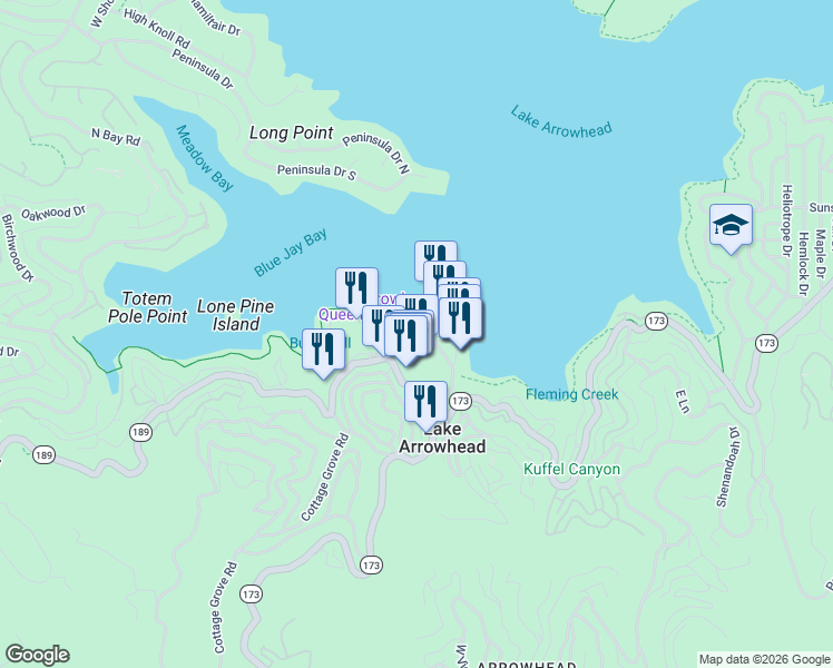 map of restaurants, bars, coffee shops, grocery stores, and more near in Lake Arrowhead