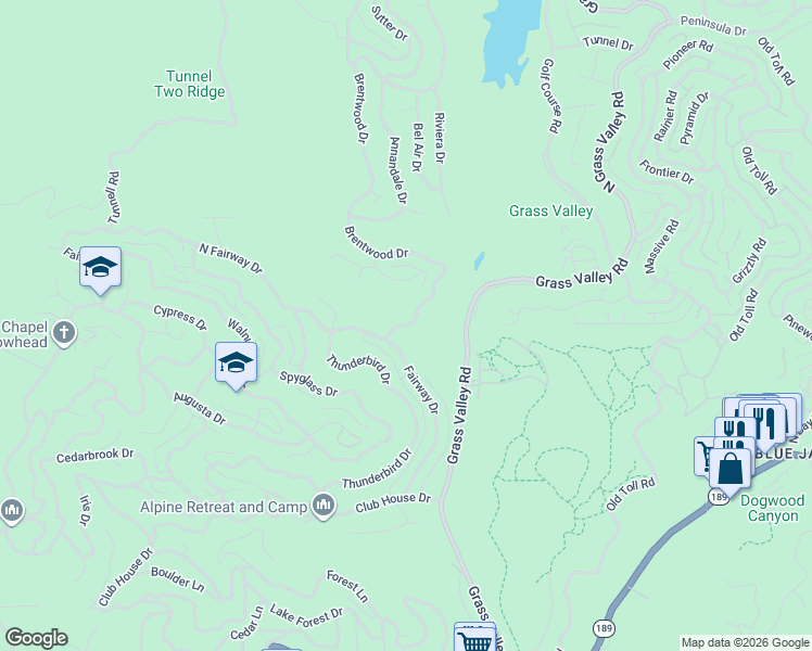 map of restaurants, bars, coffee shops, grocery stores, and more near 117 Brentwood Drive in Lake Arrowhead