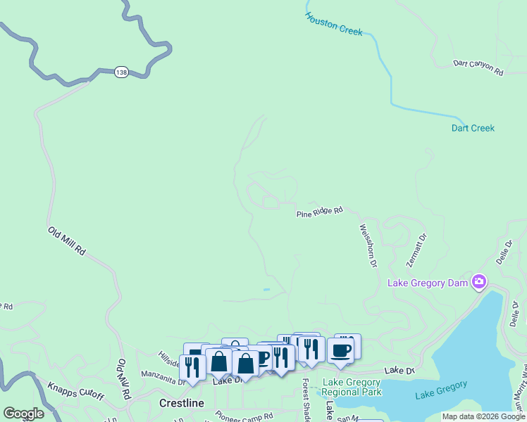 map of restaurants, bars, coffee shops, grocery stores, and more near 124 Pine Ridge Road in Crestline