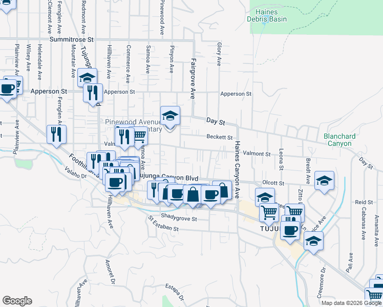 map of restaurants, bars, coffee shops, grocery stores, and more near 6949 Elmo Street in Los Angeles